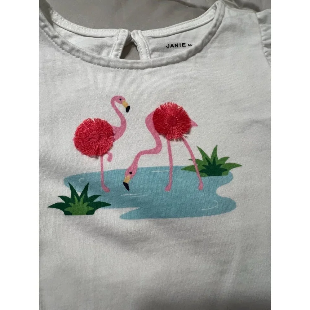 Janie and Jack FLAMINGO RUFFLE SLEEVE TEE Shirt Girl's Size 3 Like New condition